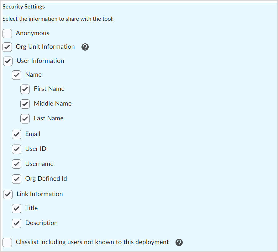 Deployment Security Settings Boxes are checked to the left of some names under the Security Settings heading.